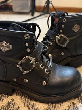 Harley-Davidson Black Leather Lace-Up Motorcycle Boots with Silver Buckles